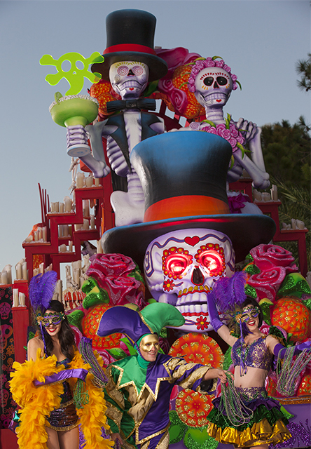 The all-new ÒMexican Day of the DeadÓ float at Universal OrlandoÕs 2013 Mardi Gras parade pays homage to the traditional holiday celebrated in Mexico, complete with a skeletal bride and groom, sugar skulls and a light fog trail.