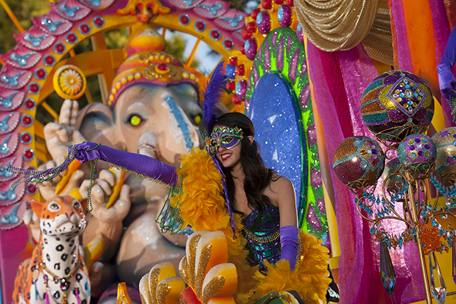 The all-new ÒElegance of IndiaÓ float at Universal OrlandoÕs 2013 Mardi Gras parade celebrates the magic of Bollywood, complete with exotic fabrics and hypnotic dances of color and light.