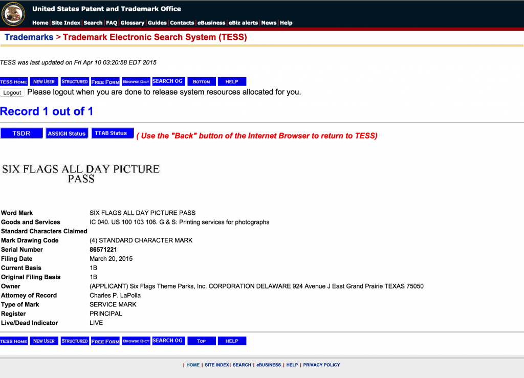 Six Flags USPTO Filing March 20, 2015