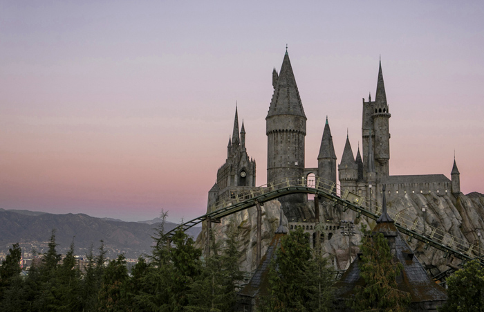 Hogwarts castle, with a view of Flight of the Hippogriff, Universal Studios Hollywood’s first outdoor roller coaster